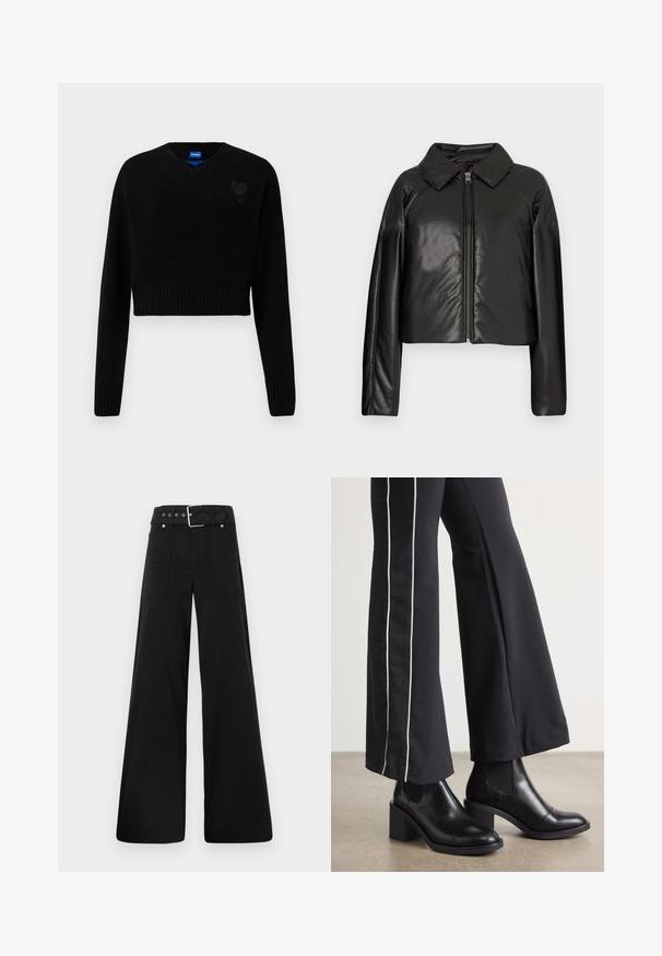 Sort kunstlæder cropped jakke med krave og lynlåslukning. Har lange ærmer og en glat, blank tekstur.; Sort cropped sweater med V-hals, ribbet kant og lange ærmer. Har en lille struktureret hjerte detaljer på brystet. Fremstillet af blødt materiale.; Sorte brede bukser lavet af bomuld, med høj talje, store sidelommer og en bæltestrop med sølvfarvede detaljer.; Sorte læder ankelstøvler med blokhæle, udstyret med elastiske sidepaneler. Kombineret med sorte bukser, der har en hvid side stripe.