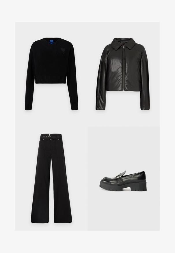 Mustast kunstnahast lühike jakk, millel on kraega kaelus ja tõmblukuga sulgemine. Omab pikki varrukaid ja sujuvat, läikivat tekstuuri.; Must musträvel, millel on V-kaelus, soonikkoes äär ja pikad varrukad. Rinnal on väike tekstuuriga südame detail. Valmistatud pehmest materjalist.; Mustad laiad mustad püksid, mis on valmistatud puuvillast, kõrge vöökoha, suurte küljetaskute ja kumerate rihmadega, kus on hõbedased detailid.; Mustad mustad nahast loafers pakuvad tugevat kummitalda. Omavad klambri aktsenti ja õmblustega detaili üleval. Lame kand.