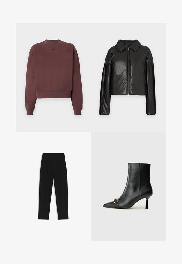 Czarna krótka kurtka z sztucznej skóry z kołnierzykiem i zapięciem na zamek. Posiada długie rękawy oraz gładką, błyszczącą fakturę.; Bordowy sweter z wysokim kołnierzem i skróconym fasonem. Wykonany z miękkiego materiału, z prążkowanymi mankietami i tłoczonym logo na klatce piersiowej.; Czarne spodnie o prostym kroju, z podwójnymi zakładkami, gładką teksturą i klasycznym krojem w talii. Bez widocznych elementów metalowych ani akcentów.; Czarny skórzany botek za kostkę z szpiczastym noskiem, smukłym średnim obcasem i srebrnym zapięciem po boku na jednolitym tle.