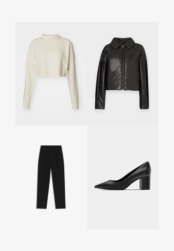 Schwarze Kunstleder-Cropped-Jacke mit Kragen und Reißverschluss. Mit langen Ärmeln und glatter, glänzender Textur.; Gekürzter, cremefarbener Pullover aus weichem Material. Mit hohem geripptem Halsabschluss und langen Ärmeln mit gerippten Bündchen. Glatte Textur, minimales Design.; Schwarze Hose mit geradem Schnitt, doppelten Falten, einer glatten Textur und einem klassischen Bunddesign. Keine sichtbaren Beschläge oder Akzente.; Schwarze Lederpumps mit spitzem Zehenbereich und einem klobigen quadratischen Absatz. Glatte Textur, einfaches Design, geeignet für formelle Anlässe.