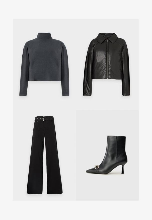 Czarna krótka kurtka z sztucznej skóry z kołnierzykiem i zapięciem na zamek. Posiada długie rękawy oraz gładką, błyszczącą fakturę.; DRYKORN ASIRAL szary; Czarne spodnie o szerokich nogawkach wykonane z bawełny, z wysokim stanem, dużymi bocznymi kieszeniami i paskiem w talii z akcentami w kolorze srebrnym.; Czarny skórzany botek za kostkę z szpiczastym noskiem, smukłym średnim obcasem i srebrnym zapięciem po boku na jednolitym tle.