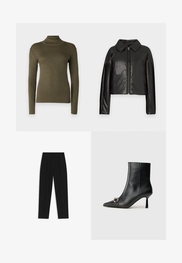 Schwarze Kunstleder-Cropped-Jacke mit Kragen und Reißverschluss. Mit langen Ärmeln und glatter, glänzender Textur.; Olivgrüner Rollkragenpullover aus geripptem Strickstoff, mit langen Ärmeln und taillierter Silhouette mit subtiler Schimmer.; Schwarze Hose mit geradem Schnitt, doppelten Falten, einer glatten Textur und einem klassischen Bunddesign. Keine sichtbaren Beschläge oder Akzente.; Schwarze Leder-Stiefelette mit spitzer Zehe, schlankem, mittelhohem Absatz und silberner Schnalle seitlich vor einem schlichten Hintergrund.