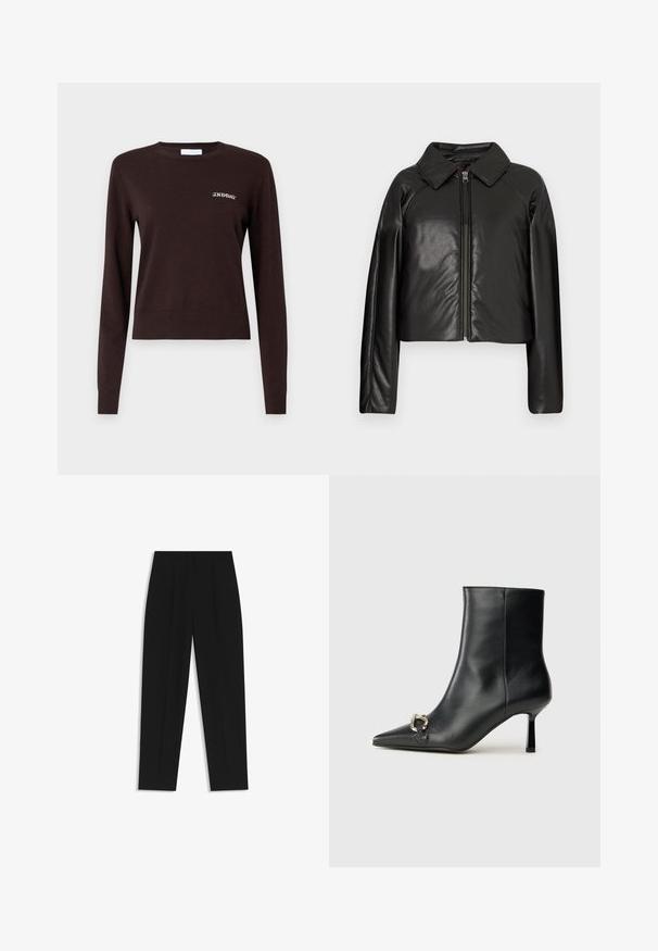 Zwarte faux leren cropped jack met een kraag en ritssluiting. Heeft lange mouwen en een soepele, glanzende textuur.; Bruine gebreide trui met lange mouwen, geribbelde manchetten en zoom, met de geborduurde tekst "2ND DAY" op de linkerkant van de borst.; Zwarte broeken met een rechte pasvorm, voorzien van dubbele plooien, een zachte textuur en een klassiek taillebandontwerp. Geen zichtbare hardware of accenten.; Zwarte leren enkelboot met spitse neus, slanke middenhoge hak en zilveren gespdetail aan de zijkant op een effen achtergrond.