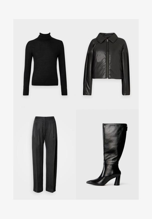 Melnā mākslīgā āda īsā jaka ar apkakles apkakli un rāvējslēdzēja aizdari. Iespējas garas piedurknes un gluda, spīdīga tekstūra.; Melnas augstākās kakla svārki, izgatavoti no mīksta adījuma materiāla. Pielāgota dizaina ar garām piedurknēm un ribota kakla un apakšmalas.; Melnas platu kāju bikses no gludas auduma, ar priekšējām kroku locījumiem, rāvējslēdzēja aizdari un klasisku jostasvietas dizainu.; Ceļgala augstumā melnas ādas zābaki ar saplacinātu purngalu, gludu tekstūru un masīlu papēdi. Aizmugurē ir rāvējslēdzēja detalizācija.