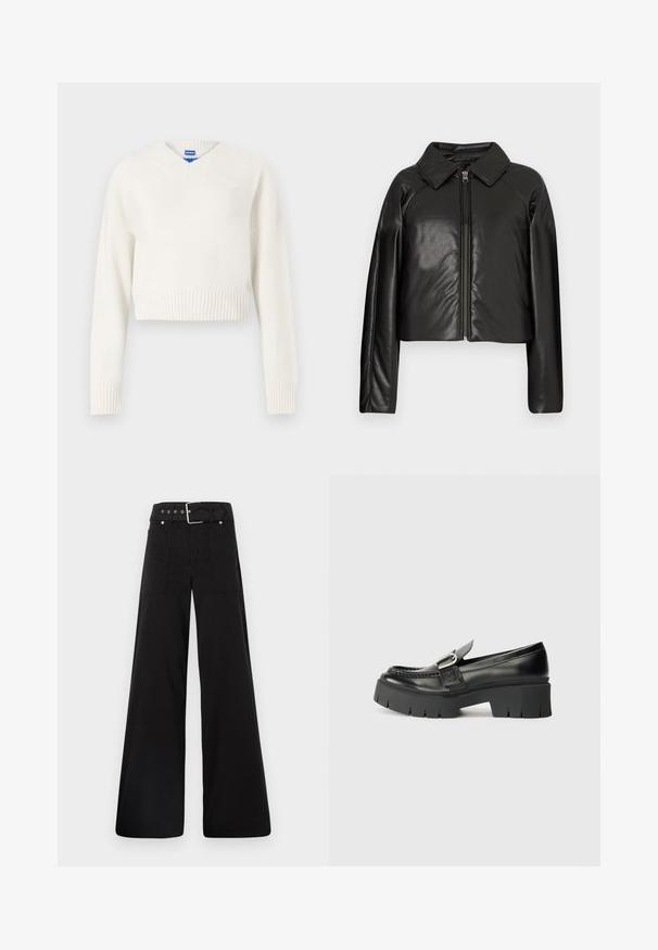 Mustast kunstnahast lühike jakk, millel on kraega kaelus ja tõmblukuga sulgemine. Omab pikki varrukaid ja sujuvat, läikivat tekstuuri.; Valge lühendatud sviiter, mis on valmistatud pehmest kudumisest. Omab V-kaelust, ribatud allserva ja väikest südameembleemi vasakul rinnal.; Mustad laiad mustad püksid, mis on valmistatud puuvillast, kõrge vöökoha, suurte küljetaskute ja kumerate rihmadega, kus on hõbedased detailid.; Mustad mustad nahast loafers pakuvad tugevat kummitalda. Omavad klambri aktsenti ja õmblustega detaili üleval. Lame kand.