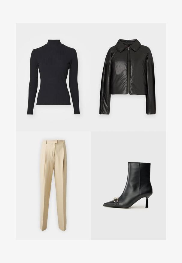 Črna jakna iz umetnega usnja s kratkim krojem, z ovratnikom in zadrgo. Ima dolge rokave in gladko, sijajno teksturo.; Črna rebrasta turtleneck majica z dolgimi rokavi. Narejena iz raztegljive tkanine s prilegajočim krojem in visokim ovratnikom. Preprost dizajn brez okrasnih elementov.; Bež hlače s krojem ravne nogavice, ki imajo zadrgo, pas ter gladko teksturo. Brez vidnih žepov ali okrasnih elementov.; Črne usnjene gležnjarje s koničastim nosom, ozkim srednjem petam in srebrno zaponko na strani na enobarvni podlagi.