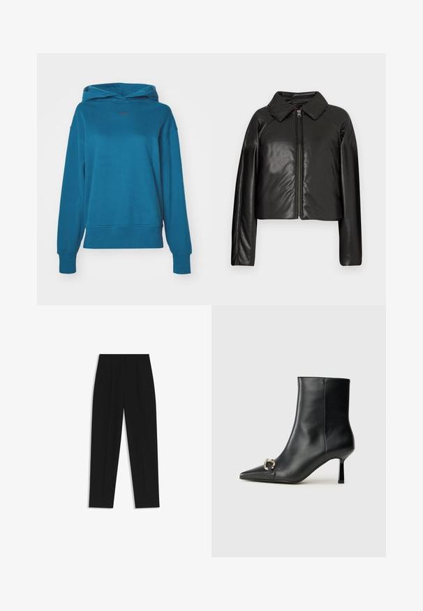 Giacca cropped nera in ecopelle con colletto e chiusura a zip. Caratterizzata da maniche lunghe e una texture liscia e lucida.; Felpa turchese con una vestibilità ampia, dotata di cappuccio con coulisse, polsini a coste e un piccolo logo sul petto. Materiale in cotone morbido, texture liscia.; Pantaloni neri a taglio dritto, con doppie pieghe, una texture liscia e un design classico in vita. Nessun hardware o dettaglio visibile.; Stivale alla caviglia in pelle nera con punta affusolata, tacco sottile di media altezza e dettaglio in fibbia argentata sul lato, su sfondo semplice.