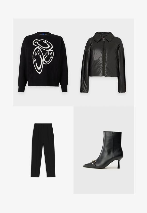 Sort kunstlæder cropped jakke med krave og lynlåslukning. Har lange ærmer og en glat, blank tekstur.; Sort striktrøje med hvid grafikdesign, der viser cirkulære former og bogstaverne "HGO." Ribbet manchetter og søm fremhæver strukturen.; Sorte bukser med lige pasform, der har dobbelte folder, en glat tekstur og et klassisk taljedesign. Ingen synlige hardware eller accenter.; Sort læder ankelstøvle med spidse tæer, slank hæl i mellemhøjde og sølvspænde detaljer på siden mod en ensfarvet baggrund.