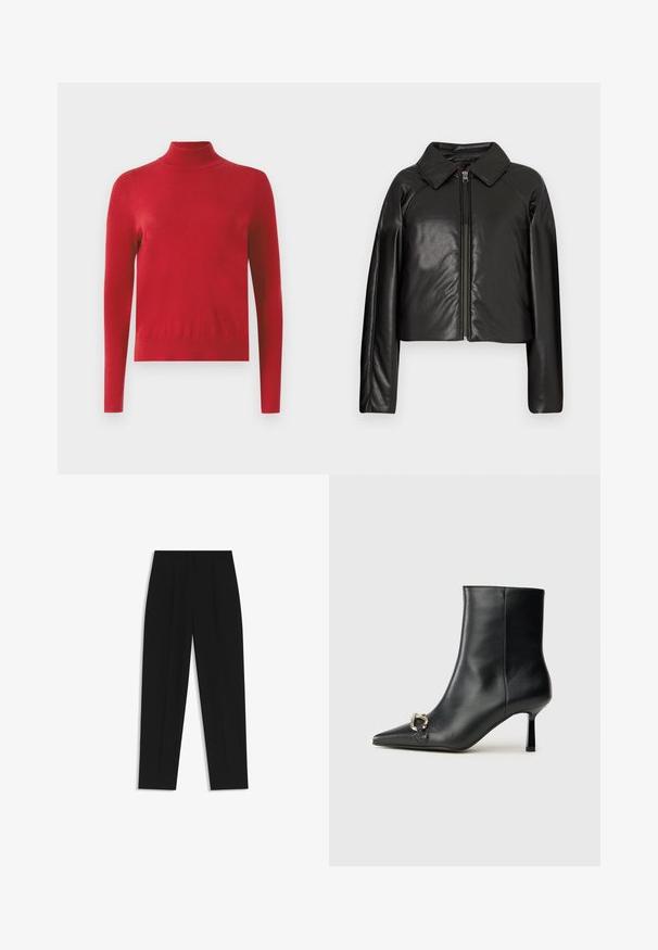 Mustat tekonahkaiset lyhyet takit, joissa on kauluksessa oleva kaulus ja vetoketjukiinnitys. Ominaisuuksiin kuuluu pitkät hihat ja sileä, kiiltävä pinta.; Punainen pitkähihaisen poolopaita, jossa on istuva malli ja ribbed-hihansuut sekä kaulus valkoista taustaa vasten.; Mustat housut suoran istuvuuden kanssa, joissa on kaksinkertaiset laskokset, sileä pinta ja klassinen vyötärönauhan muotoilu. Ei näkyviä metalliosia tai koristeita.; Musta nahkasaapas nilkkapituisilla, terävillä kärjillä, hoikalla keskipituisella korolla ja hopeavöillä sivussa yksinkertaista taustaa vasten.