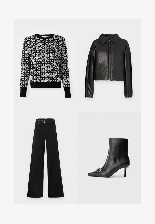 Svart, imitert skinn, cropped jakke med krage og glidelås. Har lange ermer og en jevn, glinsende overflate.; Svart og hvit DKNY jeans genser med gjentakende logo mønster, rund hals, lange ermer, ribbestrikket nederkant, og knappdetalj på ermene.; Sorte vidde bukser laget av bomull, med høy midje, store sidelommer og belte med sølv detaljer.; Sorte lær ankle boot med spiss tå, slank mid-høyde hæl og sølvspenne på siden mot en enkel bakgrunn.