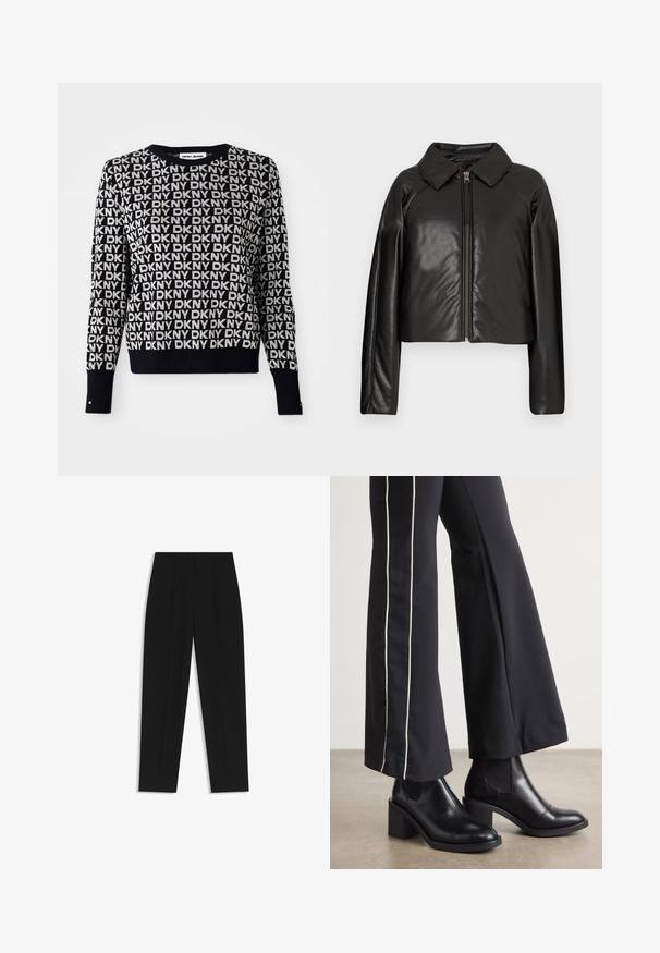 Czarna krótka kurtka z sztucznej skóry z kołnierzykiem i zapięciem na zamek. Posiada długie rękawy oraz gładką, błyszczącą fakturę.; Czarny i biały sweter z dżinsowej tkaniny DKNY, ozdobiony powtarzającym się wzorem logo, z okrągłym dekoltem, długimi rękawami, żebrowanym wykończeniem i guzikami na mankietach.; Czarne spodnie o prostym kroju, z podwójnymi zakładkami, gładką teksturą i klasycznym krojem w talii. Bez widocznych elementów metalowych ani akcentów.; Czarne skórzane botki za kostkę na słupku, z elastycznymi panelami po bokach. Połączone z czarnymi spodniami z białym paskiem po boku.