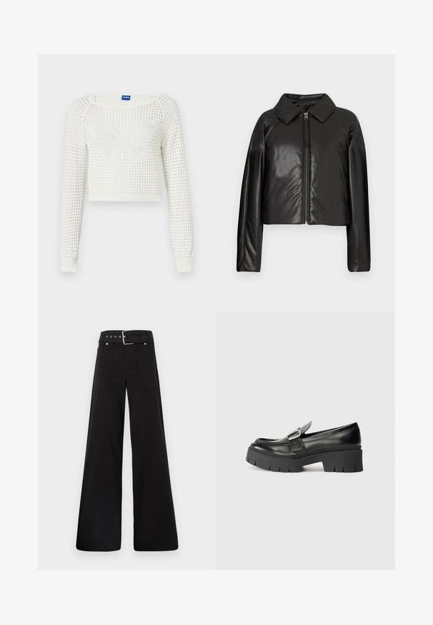 Jachetă cropped din faux leather negru, cu guler și închidere cu fermoar. Prezintă mâneci lungi și o textură netedă, lucioasă.; Pulover scurt alb din tricot, cu un model texturat, având un design cu fluturi în centrul său și manșete cu nervuri la mâneci.; Pantaloni negri cu croială largă, confecționați din bumbac, cu talie înaltă, buzunare laterale mari și talie prevăzută cu brâu cu accente din metal argintiu.; Mocasini negri din piele cu talpă din cauciuc masivă. Prezintă un accent cu cataramă și detalii cusute pe partea superioară. Toc plat.