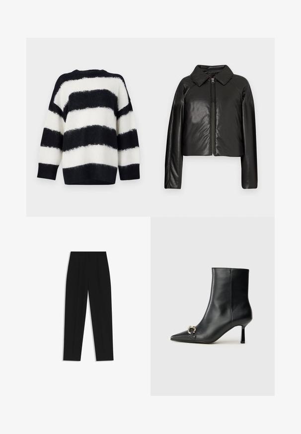 Schwarze Kunstleder-Cropped-Jacke mit Kragen und Reißverschluss. Mit langen Ärmeln und glatter, glänzender Textur.; Schwarz-weißer gestreifter Pullover, hergestellt aus einem weichen, strukturierten Material. Verfügt über einen weiten, lockeren Schnitt und gerippte Ärmelbündchen. Abwechselnd dicke Streifen.; Schwarze Hose mit geradem Schnitt, doppelten Falten, einer glatten Textur und einem klassischen Bunddesign. Keine sichtbaren Beschläge oder Akzente.; Schwarze Leder-Stiefelette mit spitzer Zehe, schlankem, mittelhohem Absatz und silberner Schnalle seitlich vor einem schlichten Hintergrund.