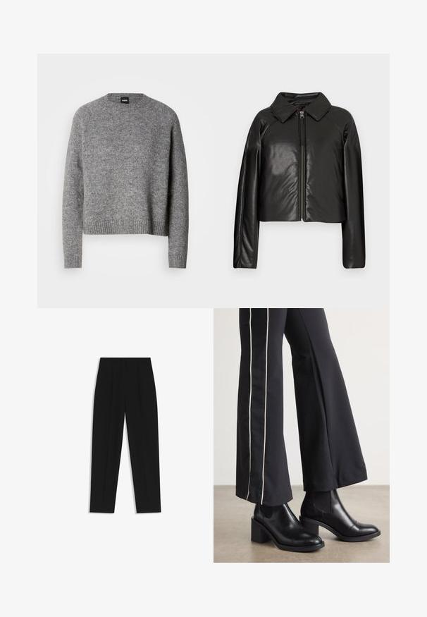 Schwarze Kunstleder-Cropped-Jacke mit Kragen und Reißverschluss. Mit langen Ärmeln und glatter, glänzender Textur.; Grau gestrickter Pullover mit rundem Ausschnitt, langen Ärmeln und gerippten Manschetten und Saum. Weiche Textur; minimalistisches Design ohne Muster oder Akzente.; Schwarze Hose mit geradem Schnitt, doppelten Falten, einer glatten Textur und einem klassischen Bunddesign. Keine sichtbaren Beschläge oder Akzente.; Schwarze Lederstiefeletten mit einem Blockabsatz, ausgestattet mit elastischen seitlichen Einsätzen. Kombiniert mit schwarzen Hosen, die einen weißen Seitenstreifen haben.