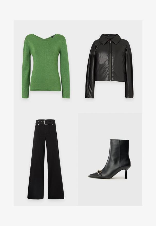 Zwarte faux leren cropped jack met een kraag en ritssluiting. Heeft lange mouwen en een soepele, glanzende textuur.; Groene lange mouw top van glanzende stof, met een V-hals en een aangesloten silhouette, met een gladde textuur en zonder zichtbare versieringen.; Zwarte wijde broek van katoen, met een hoge taille, grote zijzakken en een ceintuur met zilverkleurige accenten.; Zwarte leren enkelboot met spitse neus, slanke middenhoge hak en zilveren gespdetail aan de zijkant op een effen achtergrond.