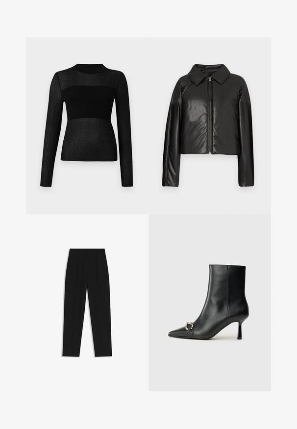 Mustat tekonahkaiset lyhyet takit, joissa on kauluksessa oleva kaulus ja vetoketjukiinnitys. Ominaisuuksiin kuuluu pitkät hihat ja sileä, kiiltävä pinta.; Musta pitkähihainen paita, joka on valmistettu ribbikuvioidusta neuleesta. Siinä on korkea kaulus ja puoliksi läpikuultava yksityiskohta rinnassa ja hihoissa.; Mustat housut suoran istuvuuden kanssa, joissa on kaksinkertaiset laskokset, sileä pinta ja klassinen vyötärönauhan muotoilu. Ei näkyviä metalliosia tai koristeita.; Musta nahkasaapas nilkkapituisilla, terävillä kärjillä, hoikalla keskipituisella korolla ja hopeavöillä sivussa yksinkertaista taustaa vasten.