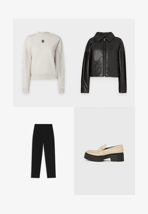 Zwarte faux leren cropped jack met een kraag en ritssluiting. Heeft lange mouwen en een soepele, glanzende textuur.; Crème-kleurige sweatshirt met een ronde hals, ribgebreide manchetten en onderzoom; heeft een zwart "HUGO" logo gecentreerd aan de voorkant.; Zwarte broeken met een rechte pasvorm, voorzien van dubbele plooien, een zachte textuur en een klassiek taillebandontwerp. Geen zichtbare hardware of accenten.; Beige leren loafers met een zwarte chunky zool, voorzien van een decoratieve gesp en stikseldetails aan de voorkant. Zijaanzicht.