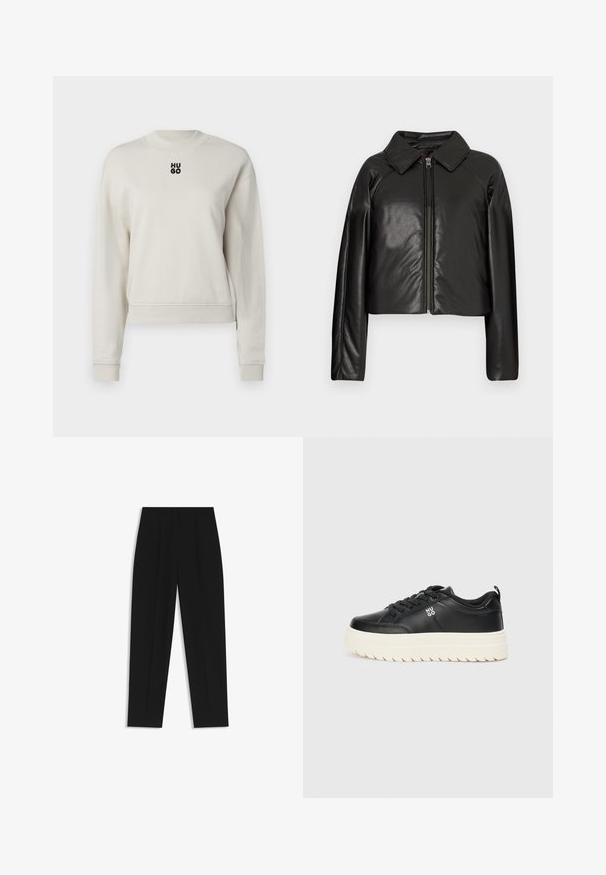 Black faux leather cropped jacket with a collared neckline and zip closure. Features long sleeves and smooth, glossy texture.; Cream-colored sweatshirt with a round neck, ribbed cuffs, and bottom hem; features a black "HUGO" logo centered on the front.; Black trousers with a straight fit, featuring double pleats, a smooth texture, and a classic waistband design. No visible hardware or accents.; Black leather sneaker with a chunky white sole, round toe, and flat laces; features "HUGO" logo on the side and textured sole for grip.