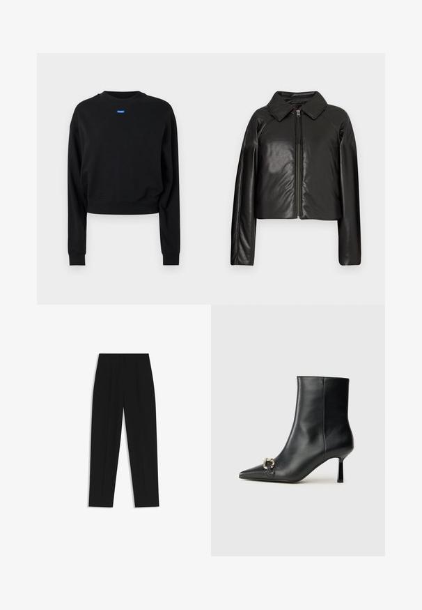 Chaqueta corta de imitación piel negra con cuello con solapa y cierre de cremallera. Presenta mangas largas y una textura suave y brillante.; Sudadera negra corta con mangas largas y puños acanalados; presenta una etiqueta de logo rectangular azul en la parte delantera cerca del escote.; Pantalones negros de corte recto, con doble pinza, textura suave y un diseño de cinturilla clásica. Sin hardware o acentos visibles.; Botín negro de cuero hasta el tobillo con punta afilada, tacón delgado de altura media y detalle de hebilla plateada en el lateral, sobre un fondo liso.