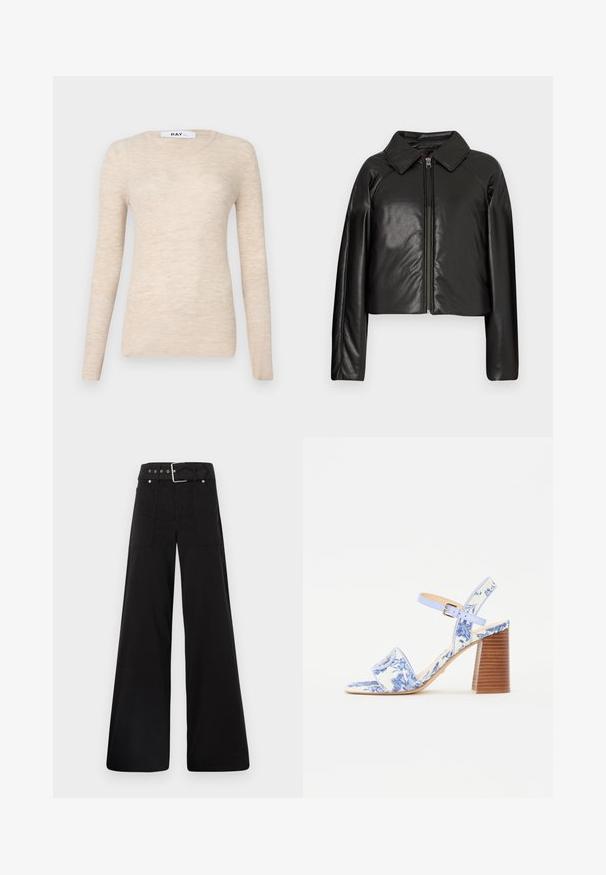 Melnā mākslīgā āda īsā jaka ar apkakles apkakli un rāvējslēdzēja aizdari. Iespējas garas piedurknes un gluda, spīdīga tekstūra.; Beidzīgs gaiši brūns krekls ar garām piedurknēm, izgatavots no ribotas auduma, ar klasisku apaļu kakla izgriezumu un maigu tekstūru, ar minimālistisku dizainu.; Melna platā kāju bikses, izgatavotas no kokvilnas, ar augstu jostasvietu, lieliem sānu kabatām un jostu ar sudraba detaļām.; Zili ziedu raksta sandales ar kvadrātu purngalu, platu siksnu un regulējamu potītes siksnu, kurām ir struktūrēts koka bloks papēdis.