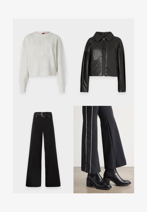 Schwarze Kunstleder-Cropped-Jacke mit Kragen und Reißverschluss. Mit langen Ärmeln und glatter, glänzender Textur.; Cremfarbener, kurzer Sweatshirt mit strukturiertem Strickdesign, gerippten Ärmelbündchen und Saum sowie geprägtem "HUGO"-Logo in der Mitte.; Schwarze weitgeschnittene Hose aus Baumwolle, mit hoher Taille, großen Seitentaschen und einem taillierten Bund mit silbernen Hardware-Akzenten.; Schwarze Lederstiefeletten mit einem Blockabsatz, ausgestattet mit elastischen seitlichen Einsätzen. Kombiniert mit schwarzen Hosen, die einen weißen Seitenstreifen haben.