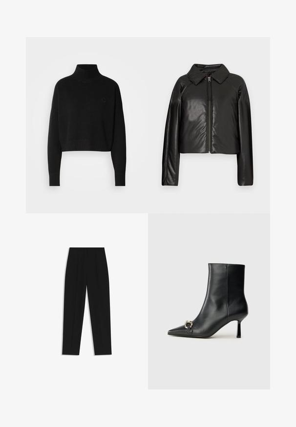 Zwarte faux leren cropped jack met een kraag en ritssluiting. Heeft lange mouwen en een soepele, glanzende textuur.; Zwarte cropped sweater, geribbelde turtleneck, lange mouwen, gebreide textuur, met een klein logo op de borst.; Zwarte broeken met een rechte pasvorm, voorzien van dubbele plooien, een zachte textuur en een klassiek taillebandontwerp. Geen zichtbare hardware of accenten.; Zwarte leren enkelboot met spitse neus, slanke middenhoge hak en zilveren gespdetail aan de zijkant op een effen achtergrond.