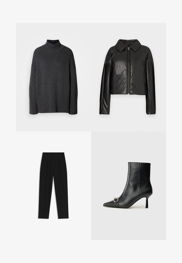 Black faux leather cropped jacket with a collared neckline and zip closure. Features long sleeves and smooth, glossy texture.; Dark gray turtleneck sweater made of ribbed knit material. Features wide ribbing at hem and cuffs, with a relaxed, oversized fit.; Black trousers with a straight fit, featuring double pleats, a smooth texture, and a classic waistband design. No visible hardware or accents.; Black leather ankle boot with pointed toe, slim mid-height heel, and silver buckle detail on side against plain background.