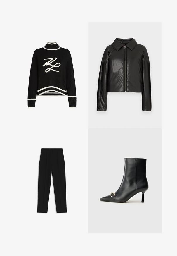 Zwarte faux leren cropped jack met een kraag en ritssluiting. Heeft lange mouwen en een soepele, glanzende textuur.; Zwart gebreid sweater met een hoge hals, witte accenten bij de mouwen en de zoom, met een opvallende witte logo-afbeelding op de voorkant.; Zwarte broeken met een rechte pasvorm, voorzien van dubbele plooien, een zachte textuur en een klassiek taillebandontwerp. Geen zichtbare hardware of accenten.; Zwarte leren enkelboot met spitse neus, slanke middenhoge hak en zilveren gespdetail aan de zijkant op een effen achtergrond.
