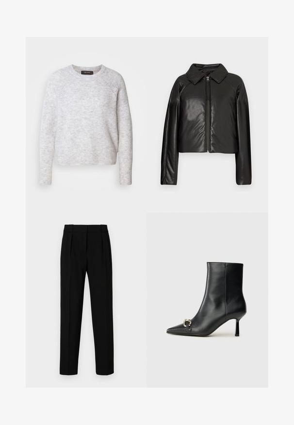 Schwarze Kunstleder-Cropped-Jacke mit Kragen und Reißverschluss. Mit langen Ärmeln und glatter, glänzender Textur.; Mos Mosh TAMMY THORA - Strickpullover - light grey; Schwarze, maßgeschneiderte Hose mit geradem Schnitt, gefaltetem vorderen Teil, glänzender Oberfläche und mittelhohem Bund. Keine sichtbaren Taschen oder Hardware-Details.; Schwarze Leder-Stiefelette mit spitzer Zehe, schlankem, mittelhohem Absatz und silberner Schnalle seitlich vor einem schlichten Hintergrund.