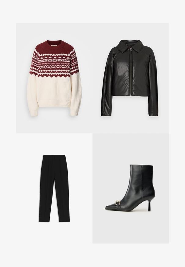 Schwarze Kunstleder-Cropped-Jacke mit Kragen und Reißverschluss. Mit langen Ärmeln und glatter, glänzender Textur.; Strickpullover mit einem burgunderfarbenen und weißen geometrischen Muster an der Schulterpartie, mit einem cremefarbenen Körper, gerippten Bündchen und Saum. Rundhalsausschnitt.; Schwarze Hose mit geradem Schnitt, doppelten Falten, einer glatten Textur und einem klassischen Bunddesign. Keine sichtbaren Beschläge oder Akzente.; Schwarze Leder-Stiefelette mit spitzer Zehe, schlankem, mittelhohem Absatz und silberner Schnalle seitlich vor einem schlichten Hintergrund.