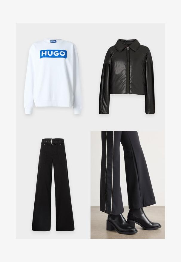 Svart, imitert skinn, cropped jakke med krage og glidelås. Har lange ermer og en jevn, glinsende overflate.; Hvit hettegensere i bomullsblanding med en blå "HUGO" logo på forsiden, rund halslinning og ribbestrikkede ermer og nederkant.; Sorte vidde bukser laget av bomull, med høy midje, store sidelommer og belte med sølv detaljer.; Sorte skinn ankle boots med blokkhæl, med elastiske sidepaneler. Kombinert med sorte bukser som har en hvit sidestripe.