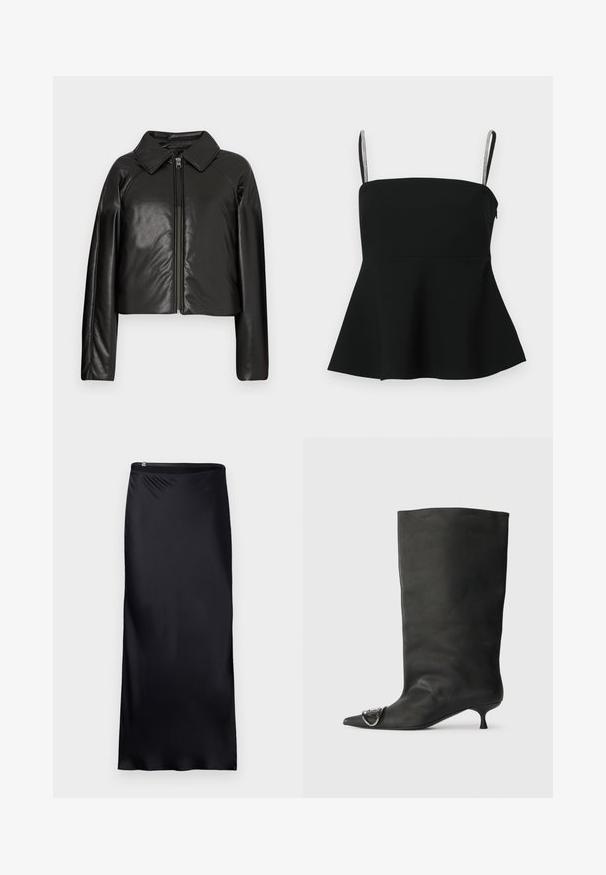 Zwarte faux leren cropped jack met een kraag en ritssluiting. Heeft lange mouwen en een soepele, glanzende textuur.; Zwarte peplumtop met dunne verstelbare bandjes en zilveren accenten. Gemaakt van gladde stof, met een aansluitend lijfje en uitlopende zoom.; Zwarte, vloerlange rok gemaakt van een gladde, lichte stof. Heeft een eenvoudig ontwerp met een naadloze tailleband en een ritsdetail.; Zwarte leren enkelboot met een spitse neus, een kleine hak en metalen accentdetails op de neus. Gladde, matte textuur overal.