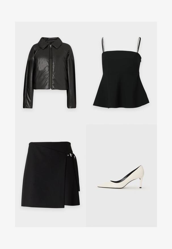 Mustast kunstnahast lühike jakk, millel on kraega kaelus ja tõmblukuga sulgemine. Omab pikki varrukaid ja sujuvat, läikivat tekstuuri.; Must muströöviga must peplum-tee, millel on õhukesed reguleeritavad rihmad ja hõbedased aksessuaarid. Valmistatud siledast kangast, omab see kinnitatud bodi ja laienevat allserva.; Musternii mustriga mustriga tükk mustriga segu gaja mustriga diafaanig mustriga naajmustriga ja jõudmust muka mustriga kändmust. Muudab mustriga põhja ja puhtad read.; Valge patendi nahast kõrge kontsaga pump terava varbaga, peene kontsaga ja musta sisekujundusega. Silumine tekstuur ja stiilne disain.