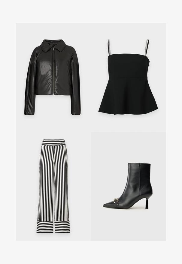 Sort kunstlæder cropped jakke med krave og lynlåslukning. Har lange ærmer og en glat, blank tekstur.; Sort peplum-top med tynde justerbare stropper og sølvbeslag. Lavet af glat stof, med en tætsiddende overdel og flared kant.; Bredde benbukser i sort og hvid vertikal stribe, med en høj talje og kontrasterende stribet kant. Glat, letvægtsstof.; Sort læder ankelstøvle med spidse tæer, slank hæl i mellemhøjde og sølvspænde detaljer på siden mod en ensfarvet baggrund.