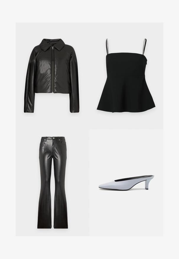 Juodas dirbtinės odos trumpas švarkas su koloratu ir užtrauktuku. Turi ilgomis rankovėmis ir lygią, blizgią tekstūrą.; Juodas peplumo tipo viršus su plonais reguliuojamais petnešėlėmis ir sidabro akcentais. Pagamintas iš glotnaus audinio, turi prigludusį liemenį ir išplatintą apačią.; Juoda odinė platėjanti kelnės su lygia tekstūra, penkiais kišenėmis, priekiniais sagčių užsegimais ir prigludusia siluetu per šlaunis.; Šviesiai mėlynos patentinės odos mules su smailiu priekiu, žemu permatomu kulnu ir stilingu dizainu, turinčiu išpjovą priekyje.