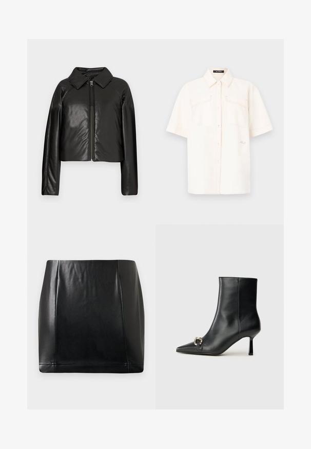 Veste cropped en simili cuir noir avec un col et fermeture zippée. Dispose de longues manches et d'une texture lisse et brillante.; Chemise à manches courtes de couleur crème, fabriquée en tissu léger, avec deux poches à l'avant, un design à boutons et des coutures contrastantes.; Jupe mini en simili cuir noir avec un surpiqûre sur le panneau avant et une légère brillance, posée à plat sur un fond neutre.; Bottine en cuir noir avec un bout pointu, un talon moyen fin et un détail de boucle en argent sur le côté, se détachant sur un fond uni.