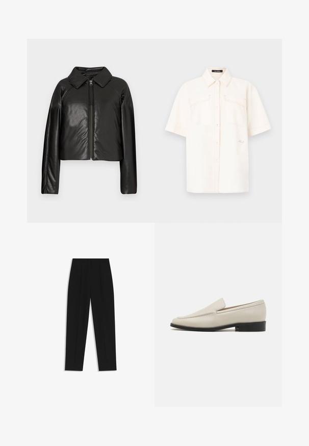Sort kunstlæder cropped jakke med krave og lynlåslukning. Har lange ærmer og en glat, blank tekstur.; Kortærmet, cremefarvet skjorte lavet af letvægtsstof, med to forlommer, knaplukning og kontraststing.; Sorte bukser med lige pasform, der har dobbelte folder, en glat tekstur og et klassisk taljedesign. Ingen synlige hardware eller accenter.; Beige læder slip-on loafers med et slankt design, mandelformet tå, minimal syning og en lav sort hæl. Glat overflade.