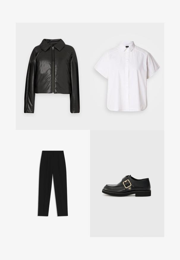 Black faux leather cropped jacket with a collared neckline and zip closure. Features long sleeves and smooth, glossy texture.; White short-sleeve button-up shirt with a pointed collar and curved hem. Made from cotton with a smooth texture and no visible patterns.; Black trousers with a straight fit, featuring double pleats, a smooth texture, and a classic waistband design. No visible hardware or accents.; Black leather shoe with a rounded toe, featuring a gold buckle and a flat rubber sole. Smooth texture with subtle stitching details.