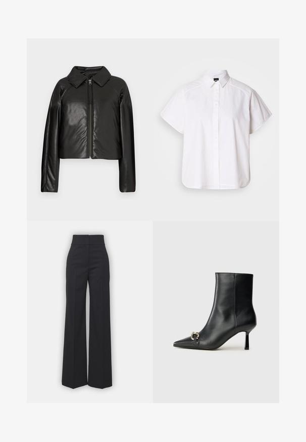 Juodas dirbtinės odos trumpas švarkas su koloratu ir užtrauktuku. Turi ilgomis rankovėmis ir lygią, blizgią tekstūrą.; Balta trumpomis rankovėmis marškinėlių su atlenkiamu apykakle ir kreiva apačia. Pagaminta iš medvilnės, su sklandžiu paviršiumi ir be matomų raštų.; Juodos plačios kojinės kelnės su aukštu juosmeniu, turinčios švarų apdailą ir lygų paviršių. Matomi jokių metalinių detalių ar raštų.; Juodas odinis apavas iki kulkšnies su smailiu nosiu, plonu vidutinio aukščio kulnu ir sidabriniu sagties akcentu šone, prieš paprastą foną.