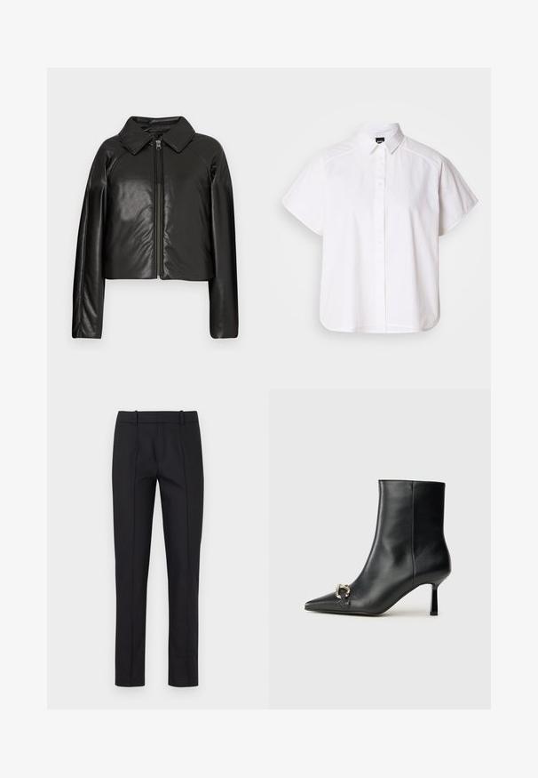 Jachetă cropped din faux leather negru, cu guler și închidere cu fermoar. Prezintă mâneci lungi și o textură netedă, lucioasă.; Cămașă albă cu mânecă scurtă, cu nasturi, guler ascuțit și margine curbă. Fabricată din bumbac, cu o textură netedă și fără modele vizibile.; Pantaloni negri, croiți pe corp, cu talie joasă, față netedă și două buzunare la spate. Confecționați dintr-un material neted, cu un detaliu subtil de cusătură de-a lungul cusăturilor.; Botine negre din piele, cu vârf ascuțit, toc subțire de înălțime medie și detaliu cu cataramă argintie pe lateral, pe un fundal simplu.