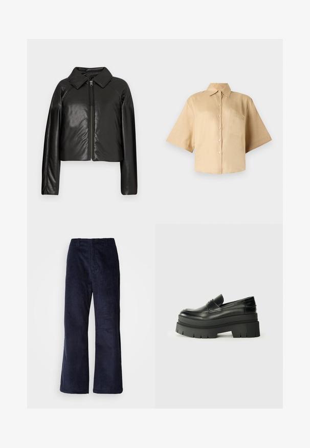 Chaqueta corta de imitación piel negra con cuello con solapa y cierre de cremallera. Presenta mangas largas y una textura suave y brillante.; Camisa de manga corta, beige, con cuello clásico, cierre de botones en la parte frontal y bolsillo en el pecho izquierdo. Tejido suave sin patrones o texturas visibles.; Pantalones de pana azul marino de pierna ancha con costuras verticales, cinturilla elástica y sin elementos metálicos visibles. Textura suave y ajuste relajado.; Mocasines de cuero negro con suela de plataforma contundente. Punta redondeada, detalle de costura en la parte delantera y sutiles acentos de costura. Suela plana y texturizada.