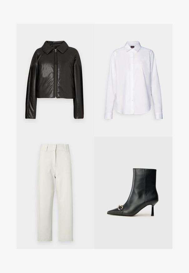 Veste cropped en simili cuir noir avec un col et fermeture zippée. Dispose de longues manches et d'une texture lisse et brillante.; Chemise blanche à manches longues, boutonnée, fabriquée en coton. Comprend un col classique et une broderie de marque discrète sur la poitrine. Texture lisse.; Pantalon beige clair à jambes droites avec une texture lisse, doté d'une ceinture plate, de passants pour ceinture et de deux poches avant.; Bottine en cuir noir avec un bout pointu, un talon moyen fin et un détail de boucle en argent sur le côté, se détachant sur un fond uni.