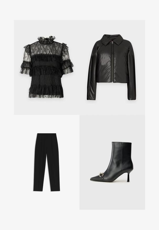 Giacca cropped nera in ecopelle con colletto e chiusura a zip. Caratterizzata da maniche lunghe e una texture liscia e lucida.; Blusa nera in pizzo con maniche corte a volant e collo alto. Presenta volant sovrapposti e un intricato motivo in pizzo floreale su tutta la superficie.; Pantaloni neri a taglio dritto, con doppie pieghe, una texture liscia e un design classico in vita. Nessun hardware o dettaglio visibile.; Stivale alla caviglia in pelle nera con punta affusolata, tacco sottile di media altezza e dettaglio in fibbia argentata sul lato, su sfondo semplice.