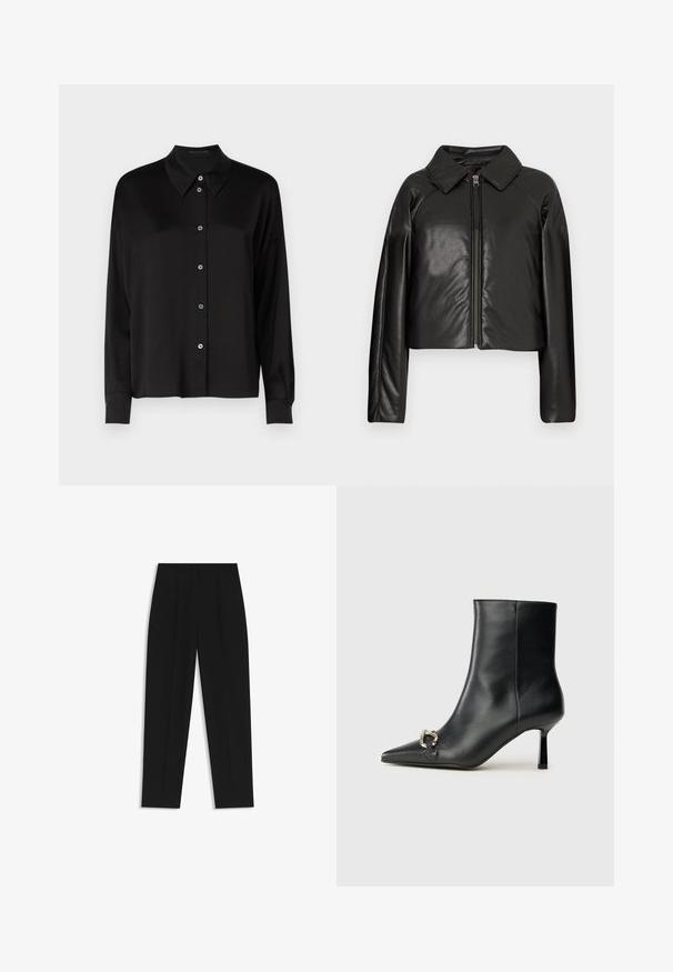 Black faux leather cropped jacket with a collared neckline and zip closure. Features long sleeves and smooth, glossy texture.; Black long-sleeve shirt with a classic collar, featuring a button-up front with blue buttons and a smooth, textured fabric.; Black trousers with a straight fit, featuring double pleats, a smooth texture, and a classic waistband design. No visible hardware or accents.; Black leather ankle boot with pointed toe, slim mid-height heel, and silver buckle detail on side against plain background.