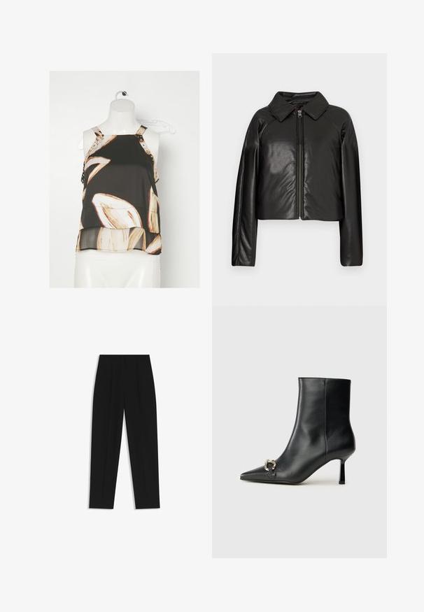 Black faux leather cropped jacket with a collared neckline and zip closure. Features long sleeves and smooth, glossy texture.; Black sleeveless blouse with floral pattern in shades of cream and beige. Features decorative straps with gold studs at the shoulders.; Black trousers with a straight fit, featuring double pleats, a smooth texture, and a classic waistband design. No visible hardware or accents.; Black leather ankle boot with pointed toe, slim mid-height heel, and silver buckle detail on side against plain background.