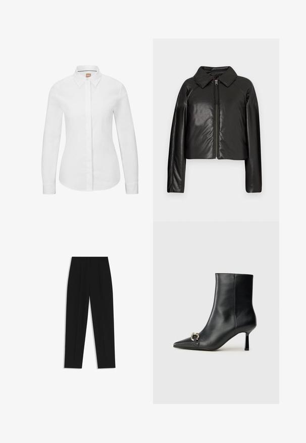 Giacca cropped nera in ecopelle con colletto e chiusura a zip. Caratterizzata da maniche lunghe e una texture liscia e lucida.; Camicia bianca a maniche lunghe con bottoni in cotone fresco, con colletto classico, pattina anteriore e vestibilità su misura. Texture liscia, senza motivi.; Pantaloni neri a taglio dritto, con doppie pieghe, una texture liscia e un design classico in vita. Nessun hardware o dettaglio visibile.; Stivale alla caviglia in pelle nera con punta affusolata, tacco sottile di media altezza e dettaglio in fibbia argentata sul lato, su sfondo semplice.
