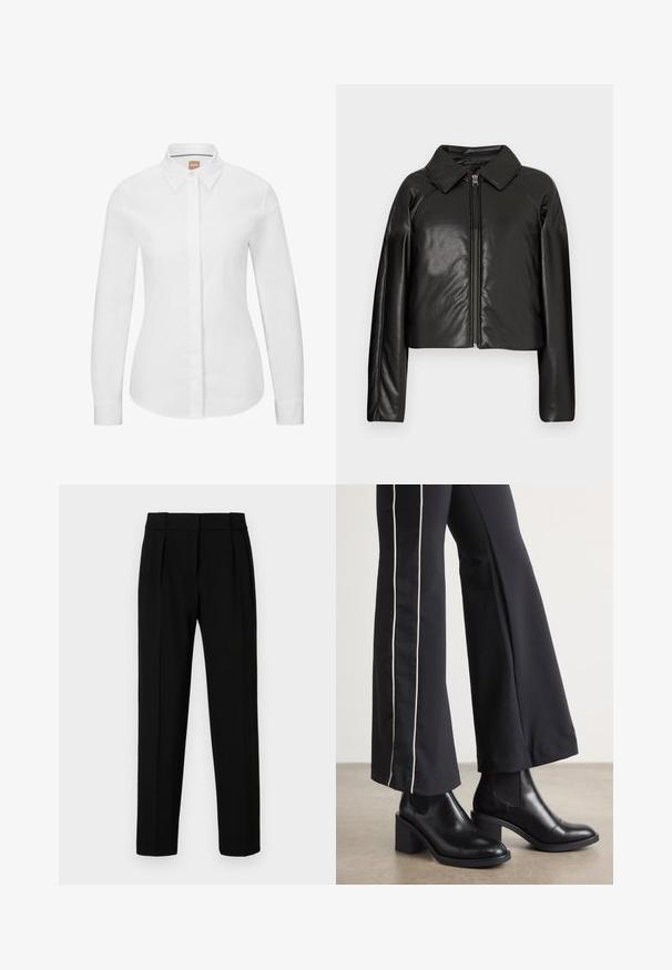 Melnā mākslīgā āda īsā jaka ar apkakles apkakli un rāvējslēdzēja aizdari. Iespējas garas piedurknes un gluda, spīdīga tekstūra.; Balta garām piedurknēm pogājama krekls izgatavots no kraukšķīga kokvilnas auduma ar klasisku apkakli, priekšējo pogu rindu un pieguļošu piegriezumu. Gluda tekstūra, bez rakstiem.; Melnas pielāgotas bikses ar taisnu piegriezumu, ar plecu priekšpusi, pulētu audumu un vidēju jostasvietu. Nav redzamu kabatu vai detaļu.; Melnas ādas potīšu zābaki ar blokveida papēdi, aprīkoti ar elastīgām sānu paneļiem. Kombinēti ar melniem biksēm, kuru sānos ir baltas svītras.