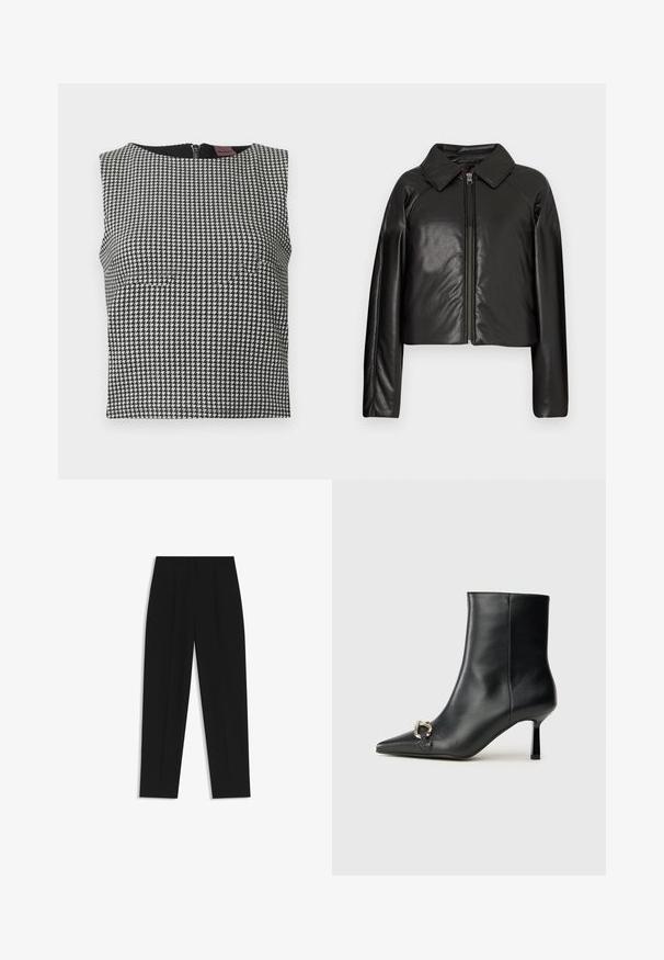 Zwarte faux leren cropped jack met een kraag en ritssluiting. Heeft lange mouwen en een soepele, glanzende textuur.; Zwart-wit houndstooth mouwloze top met een ronde halslijn en een rits aan de achterkant. Gemaakt van een gestructureerde stof.; Zwarte broeken met een rechte pasvorm, voorzien van dubbele plooien, een zachte textuur en een klassiek taillebandontwerp. Geen zichtbare hardware of accenten.; Zwarte leren enkelboot met spitse neus, slanke middenhoge hak en zilveren gespdetail aan de zijkant op een effen achtergrond.