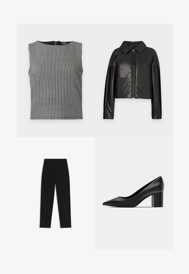 Zwarte faux leren cropped jack met een kraag en ritssluiting. Heeft lange mouwen en een soepele, glanzende textuur.; Zwart-wit houndstooth mouwloze top met een ronde halslijn en een rits aan de achterkant. Gemaakt van een gestructureerde stof.; Zwarte broeken met een rechte pasvorm, voorzien van dubbele plooien, een zachte textuur en een klassiek taillebandontwerp. Geen zichtbare hardware of accenten.; Zwarte leren pump met een spitse neus en een chunky vierkante hak. Glad textuur, eenvoudig ontwerp, geschikt voor formele gelegenheden.