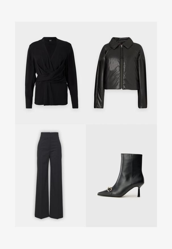 Giacca cropped nera in ecopelle con colletto e chiusura a zip. Caratterizzata da maniche lunghe e una texture liscia e lucida.; Top avvolgente nero in tessuto morbido, con maniche lunghe, scollatura a V e una cintura annodata che accentua la vita. Tessuto liscio.; Pantaloni a gamba larga in tessuto nero con vita alta, caratterizzati da una finitura pulita e una texture liscia. Nessun hardware visibile o motivi.; Stivale alla caviglia in pelle nera con punta affusolata, tacco sottile di media altezza e dettaglio in fibbia argentata sul lato, su sfondo semplice.